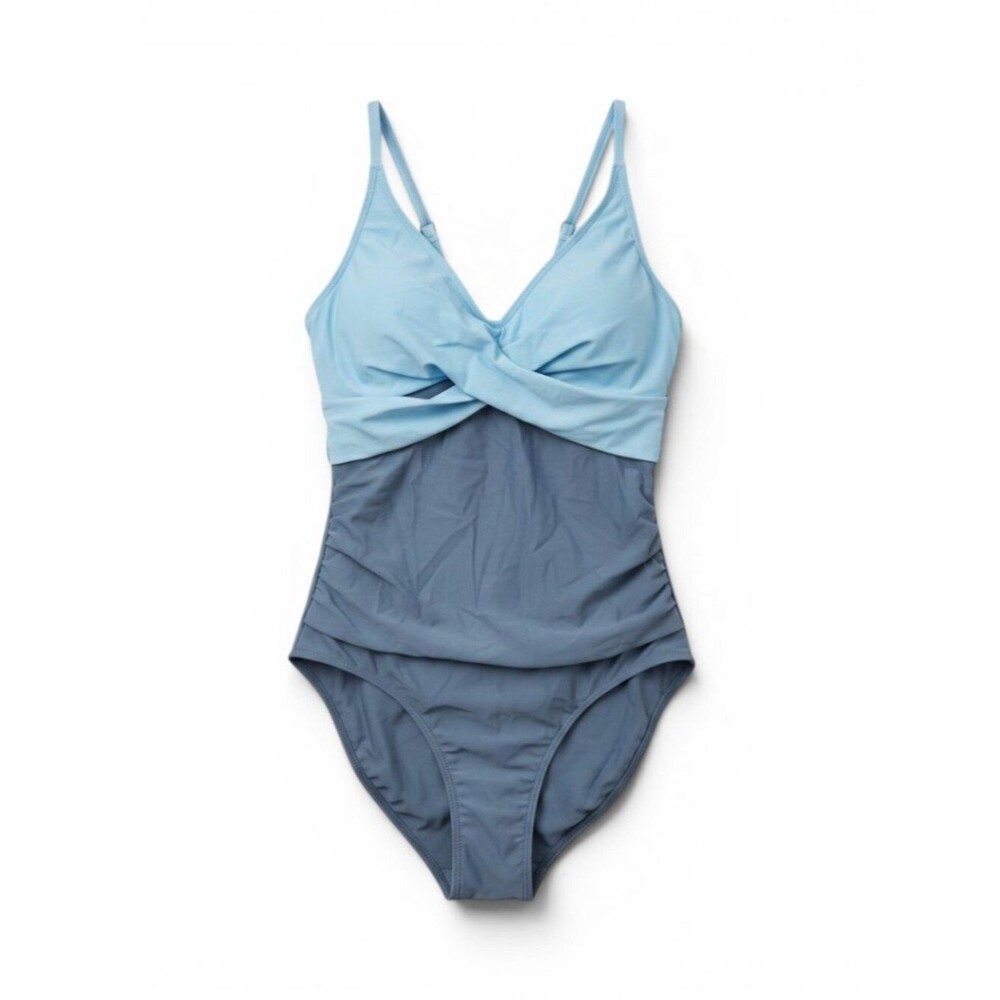Light Blue and Slate Twist-Front One-Piece Swimsuit